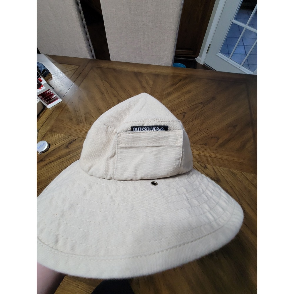 Quiksilver Essentials Kids Vintage Tan Canvas Bucket Sun Hat Stash‎ Pocket USA